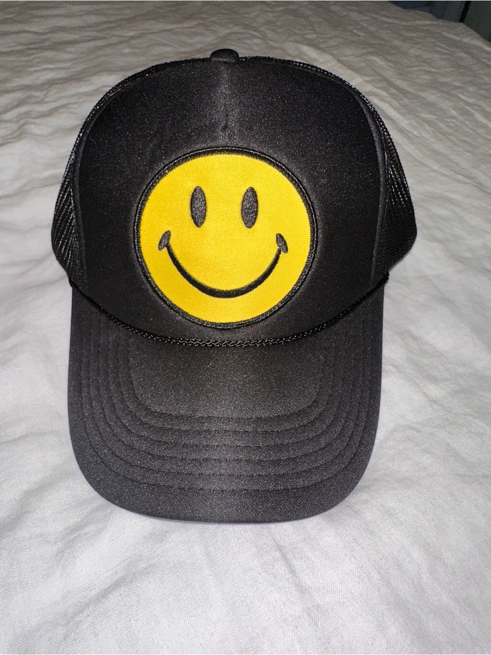Aviator Nation Black Trucker Hat with Yellow Smiley Patch